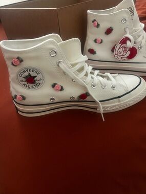 Converse White High Top Sneakers with Pink and Red Rose Accents
